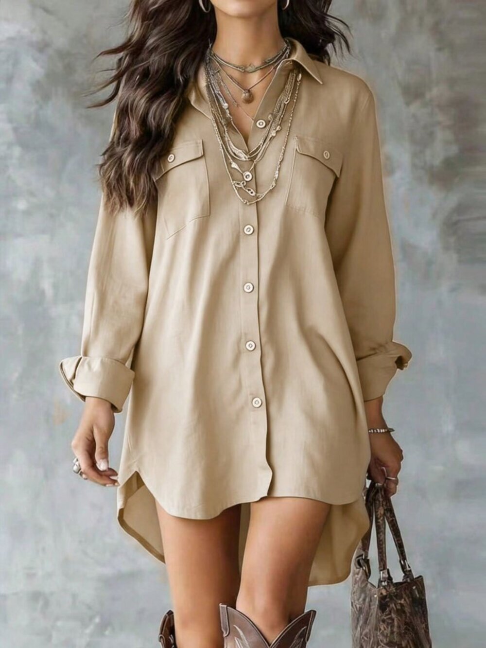 Apricot Casual Women's Long Sleeve Polyester Button-Up Collared Pocket Shirt